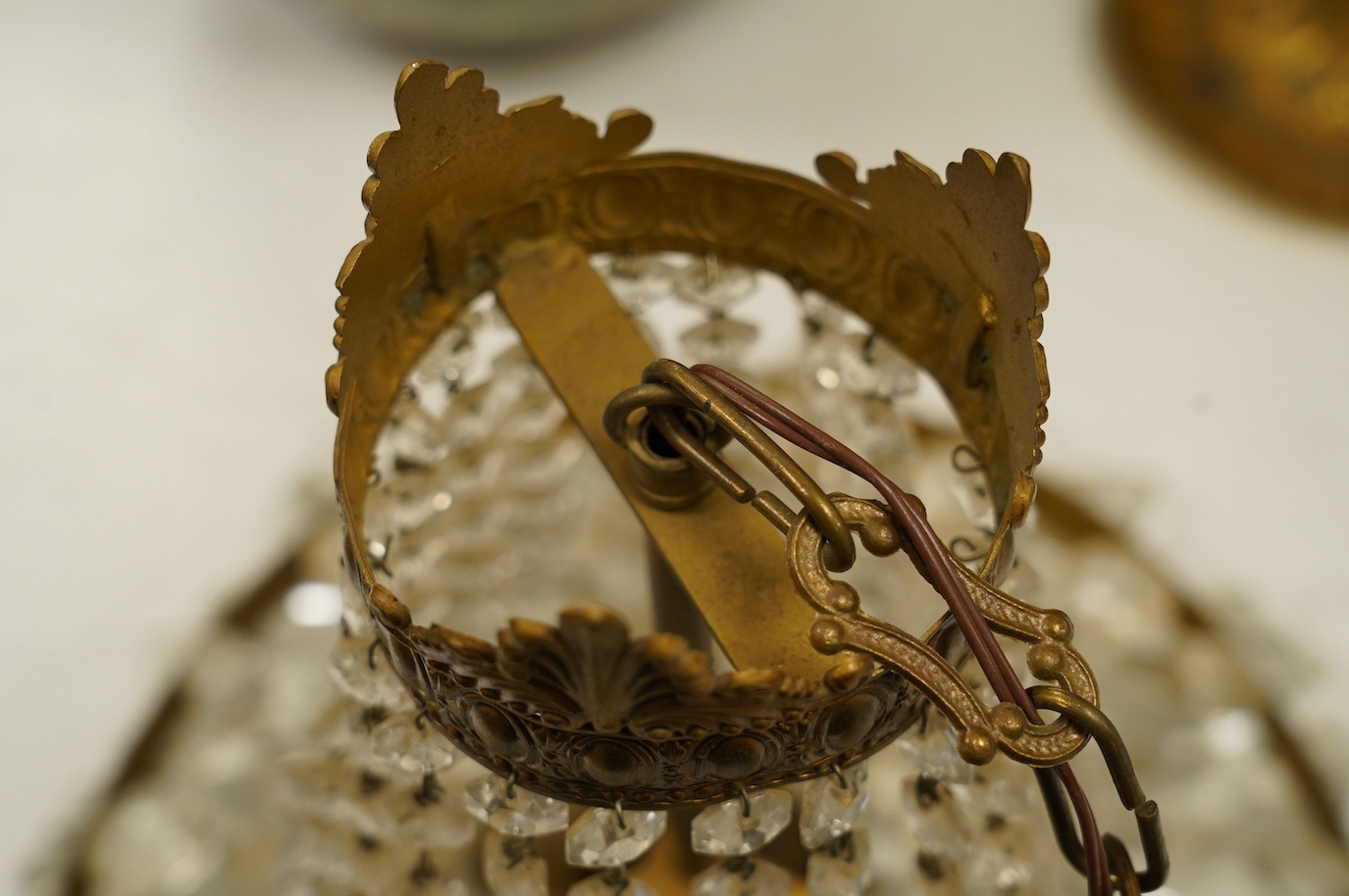 A gilt metal and lustre glass bag chandelier. Condition - fair